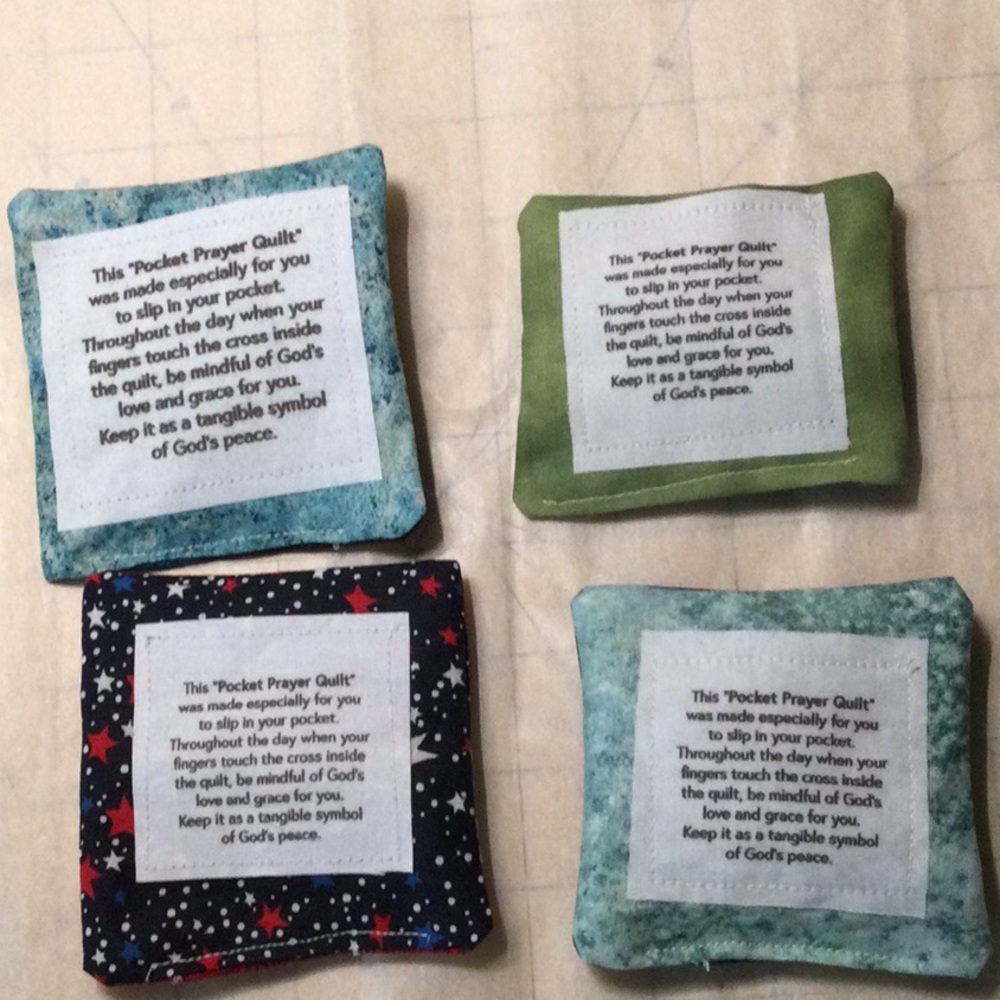 Set of Four handmade Pocket Prayer Quilts with crosses inside